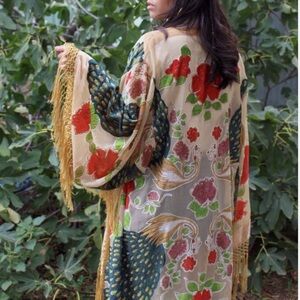 Floral Embroidered Sheer Fringe Kimono - Beige/Red/Green